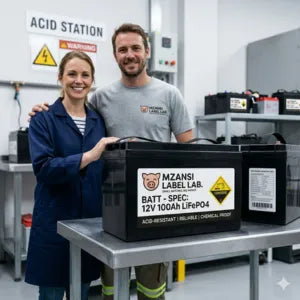 Two people standing with a battery labeled 'Mzansi Label Lab' in a workshop setting. Product Labels for Small Business | Pro Custom Branding