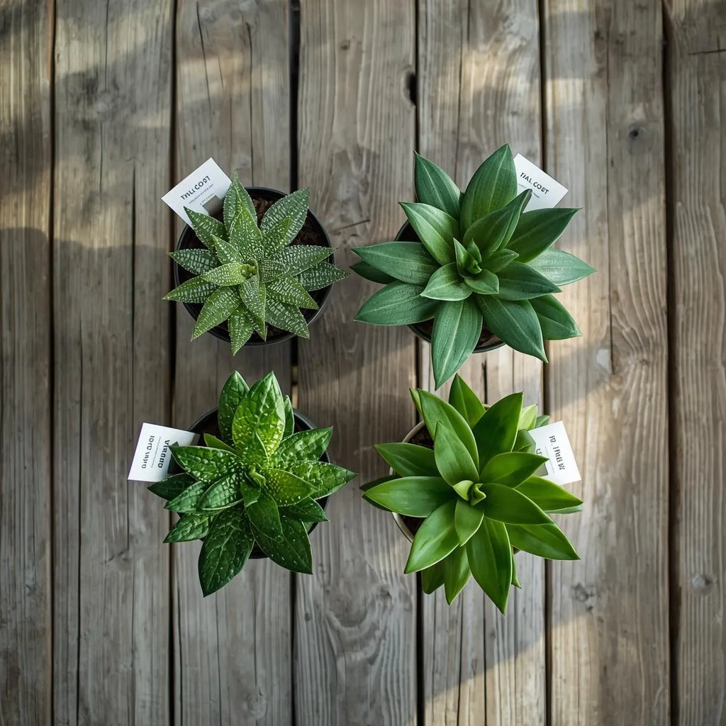 Four potted green succulents on a wooden surface, Durable Plant Labels: Waterproof & UV-Resistant