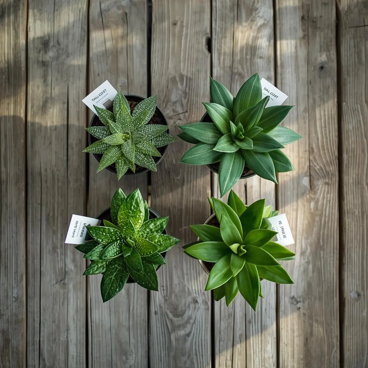 Four potted green succulents on a wooden surface, Durable Plant Labels: Waterproof & UV-Resistant