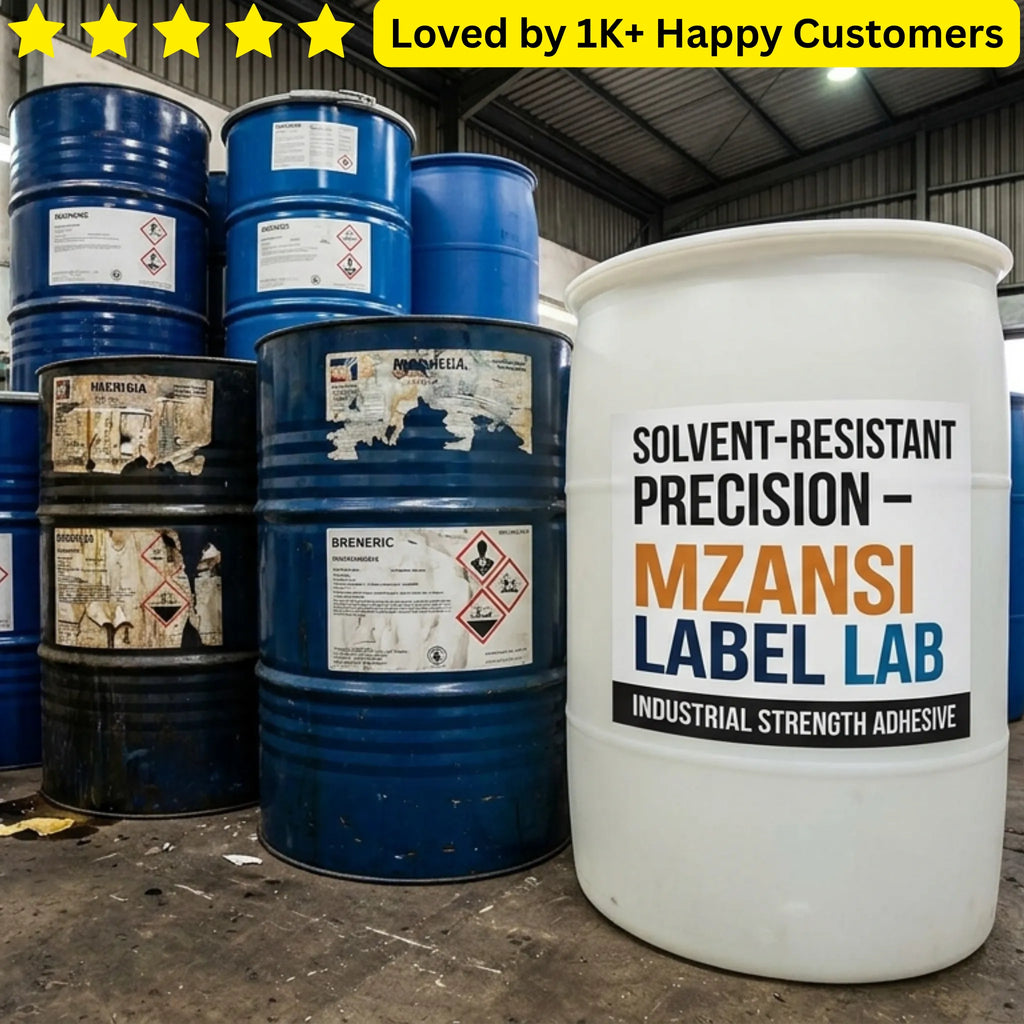 White container with Mzansi Label Lab adhesive label among blue barrels in a warehouse. Industrial Solvent & Chemical-Resistant Label Experts