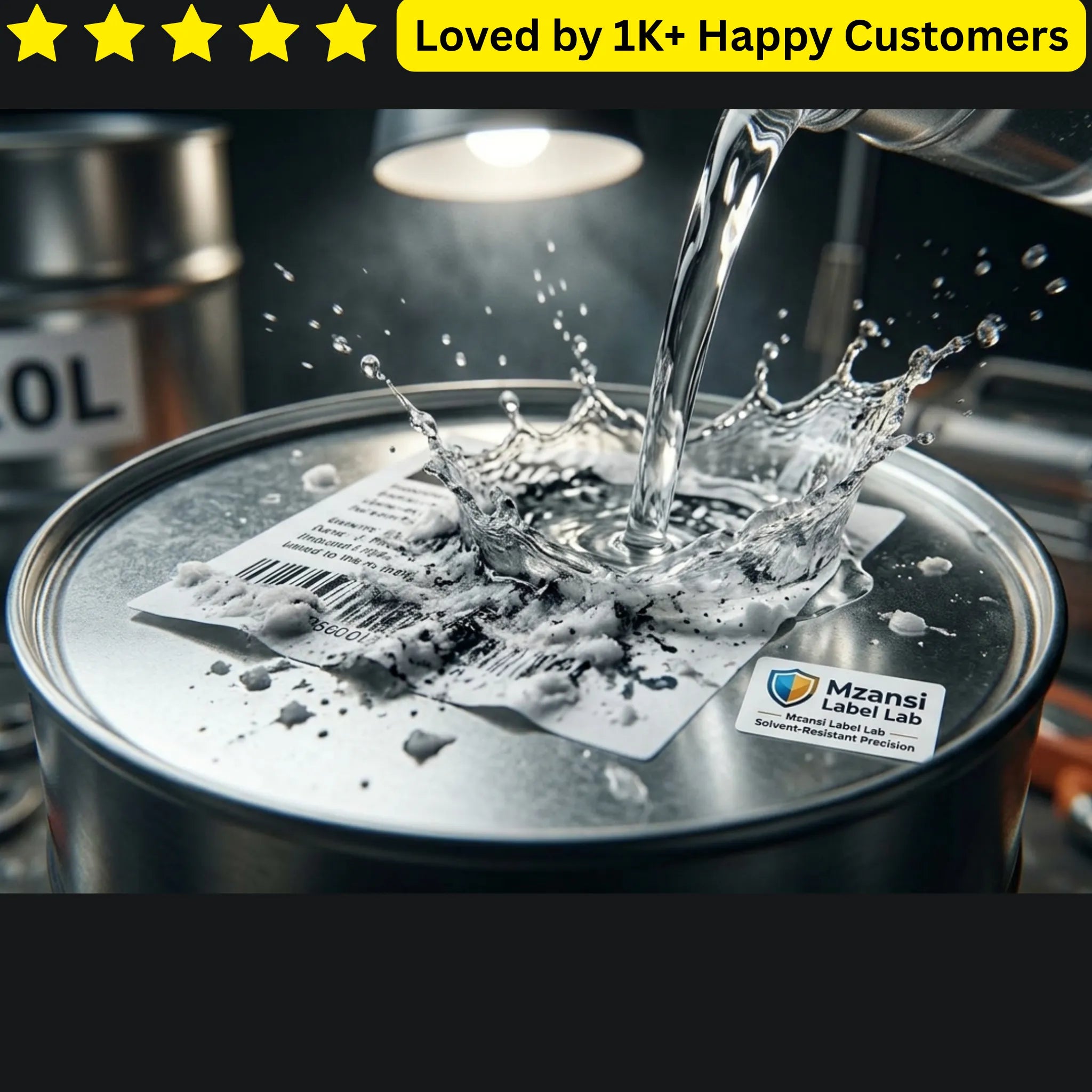 Mzansi Label Lab product being poured into a container with water splashing, featuring the brand logo. Industrial Solvent & Chemical-Resistant Label Experts