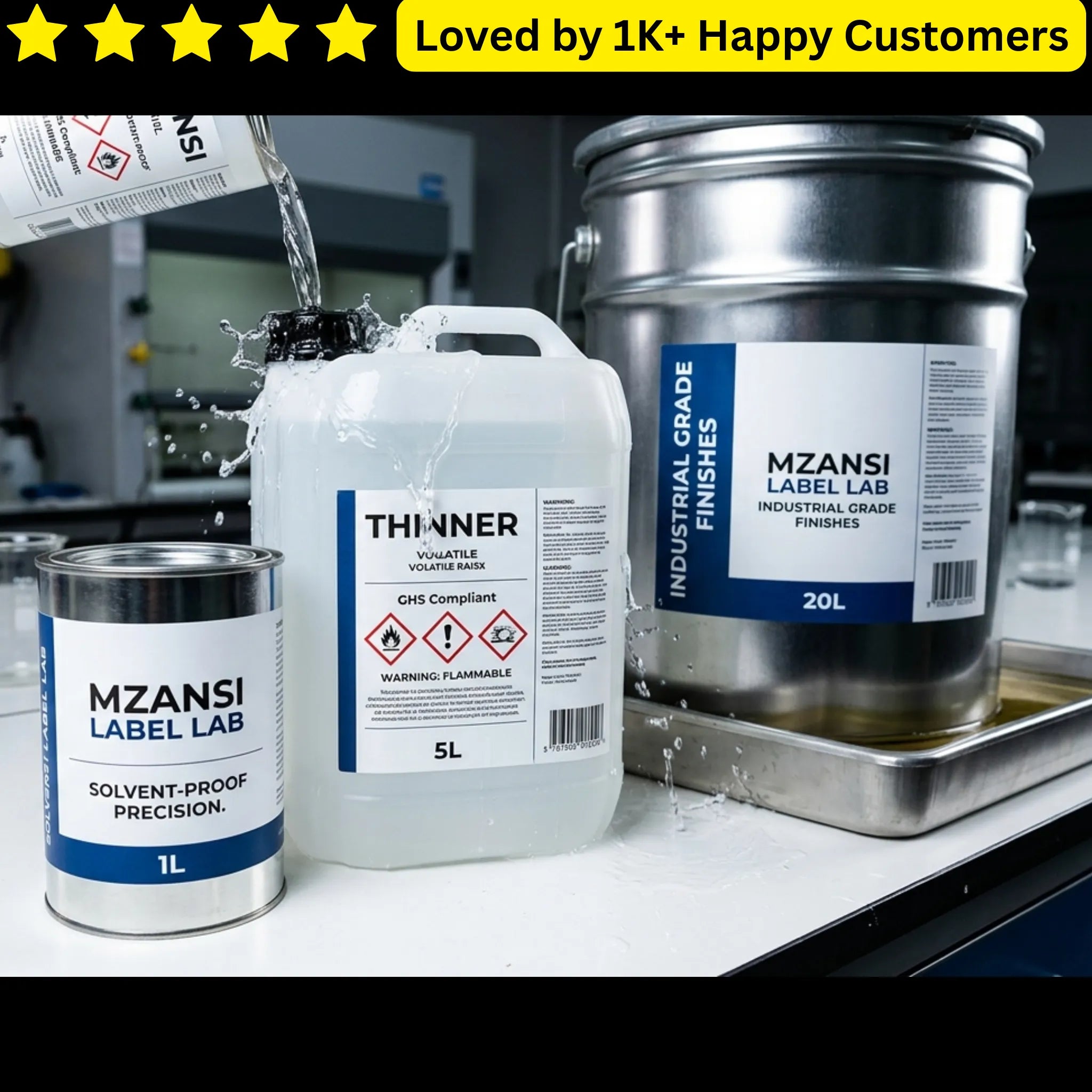 Mzansi Label Lab paint cans and thinner with a five-star rating text overlay. Industrial Solvent & Chemical-Resistant Label Experts