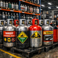 Storage area with various gas cylinders labeled with danger and warning signs. Bakkie-Proof™ Industrial Gas &  Cylinder Labels 🏷️🔥Expert Printing Labels Cape Town | Get Pro Designs Now