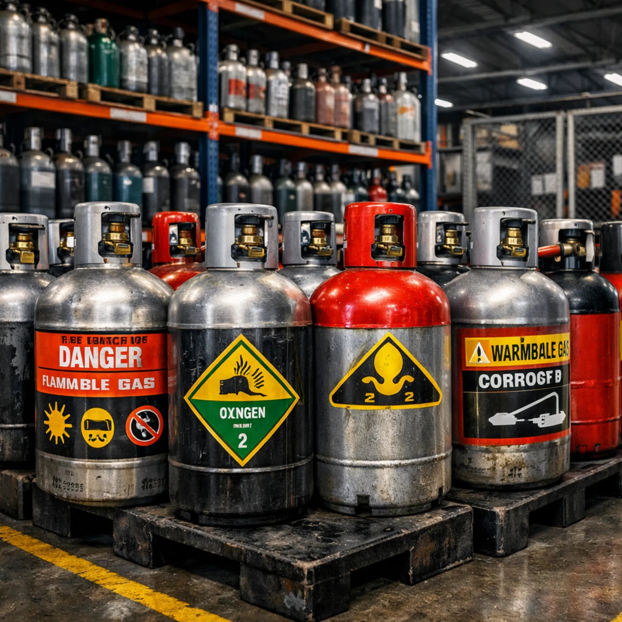 Storage area with various gas cylinders labeled with danger and warning signs. Bakkie-Proof™ Industrial Gas &  Cylinder Labels 🏷️🔥Expert Printing Labels Cape Town | Get Pro Designs Now