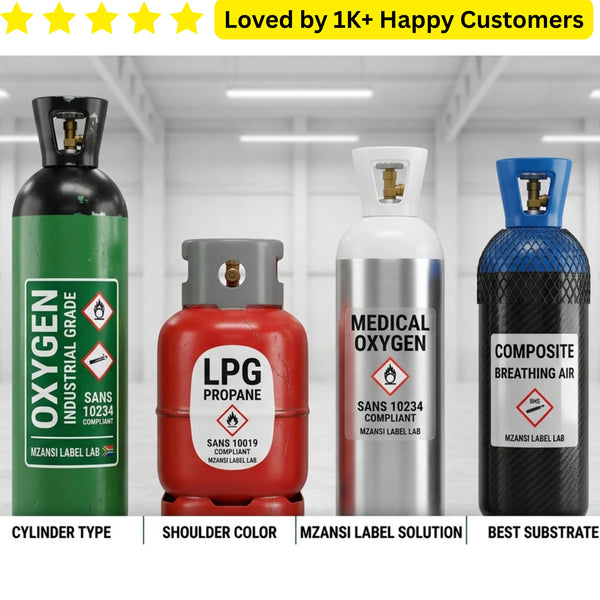 Four different types of gas cylinders with labels indicating their type and usage. Bakkie-Proof™ Industrial Gas &  Cylinder Labels 🏷️🔥