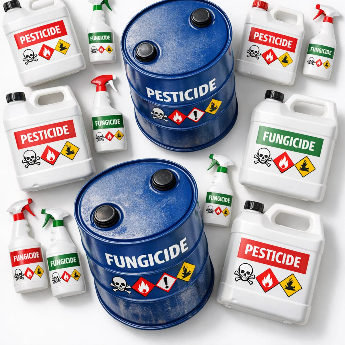Collection of pesticide and fungicide containers with blue barrels and various bottles on a white background. When the Chemical label fails, the safety fails. Don't risk it.