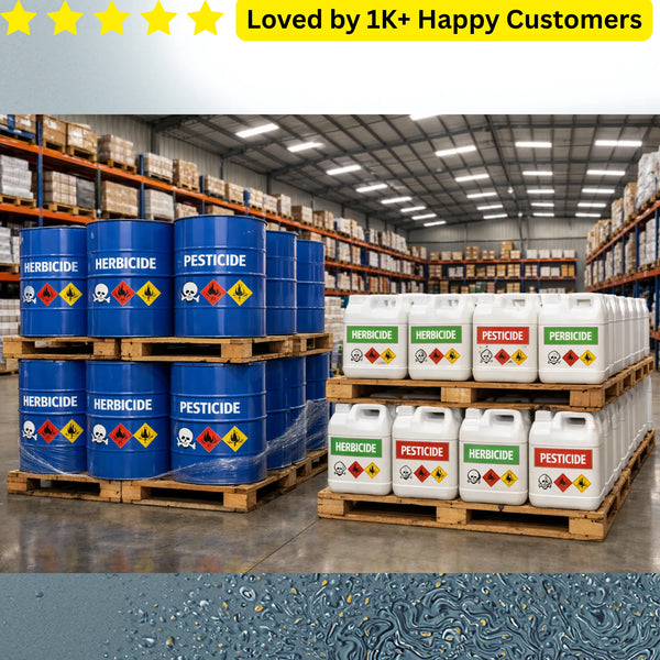 Storage warehouse with blue and white containers labeled 'Herbicide' and 'Pesticide'. Expert Printing Labels Cape Town | Get Pro Designs Now