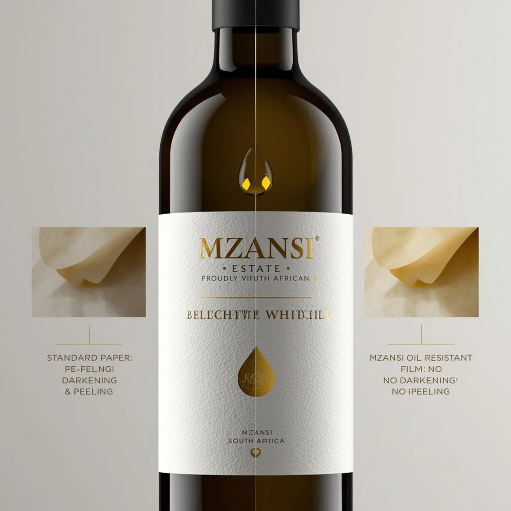 Bottle of Mzansi Estate white wine with a detailed label on a neutral background. Compliance-Ready Food Labels: Nutrition & Ingredients