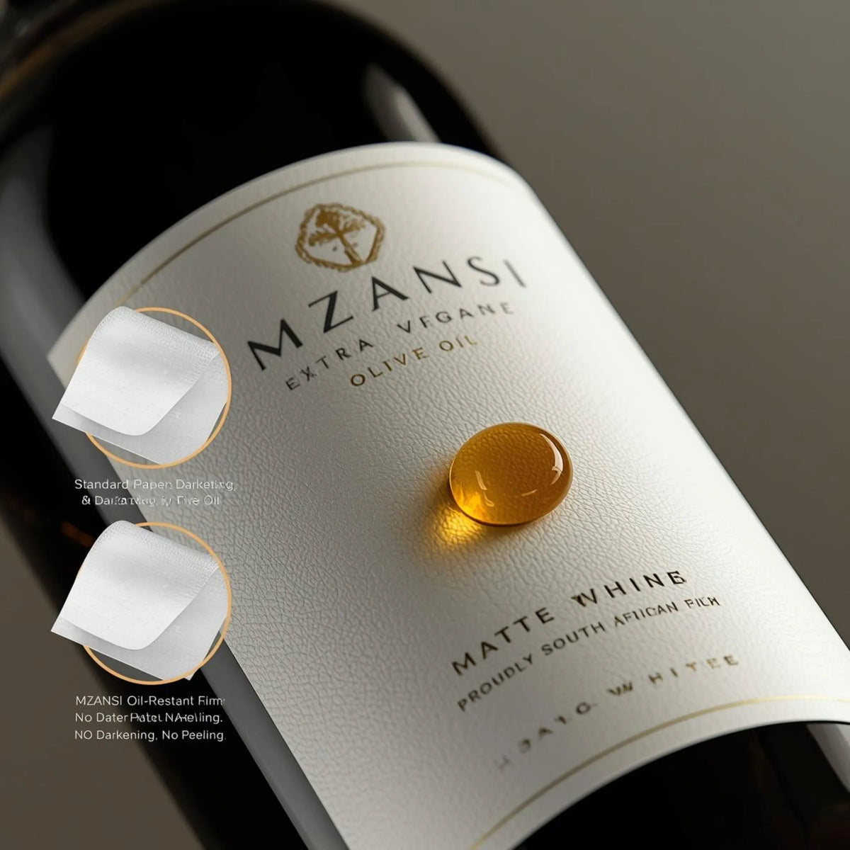 Mzansi Extra Virgin Olive Oil bottle with a close-up of the label and oil droplet. Compliance-Ready Food Labels: Nutrition & Ingredients
