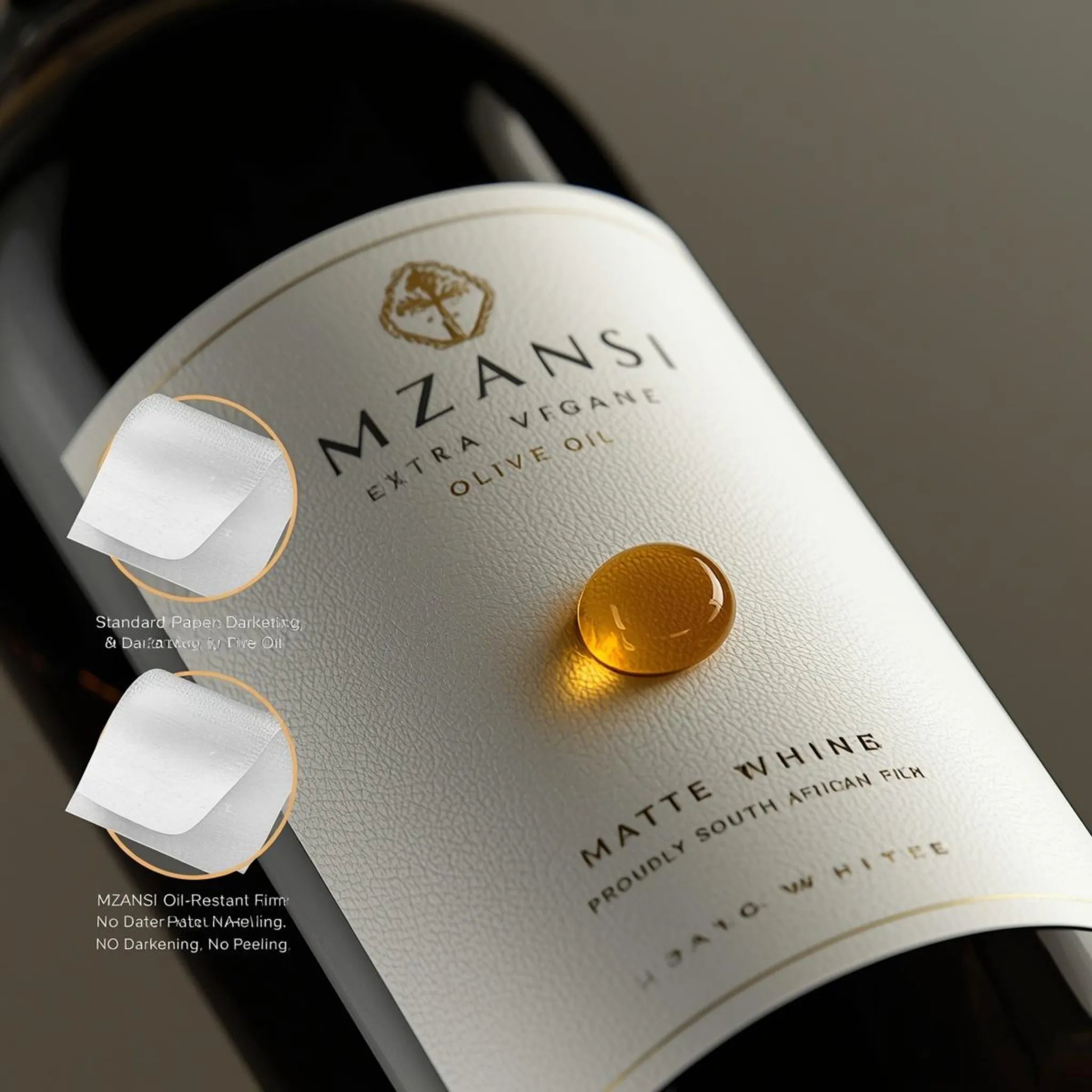 Mzansi Extra Virgin Olive Oil bottle with a close-up of the label and oil droplet. Compliance-Ready Food Labels: Nutrition & Ingredients
