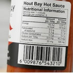 Nutritional information label on a bottle of Hout Bay Hot Sauce, 