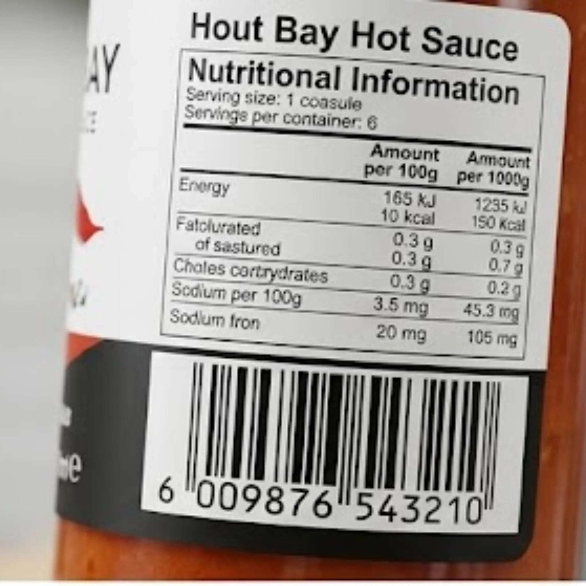 Nutritional information label on a bottle of Hout Bay Hot Sauce, 