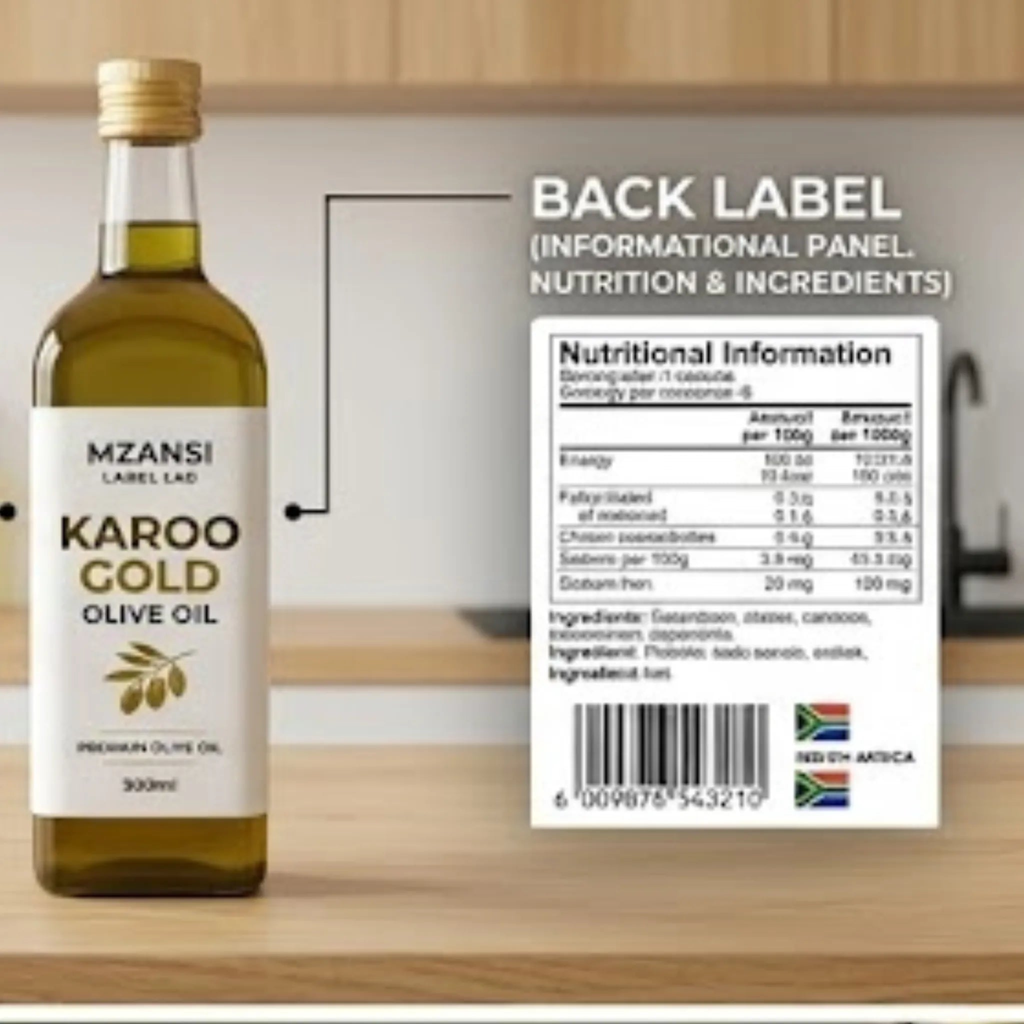 Bottle of Mzansi Karoo Gold olive oil with nutritional label on a kitchen counter.
