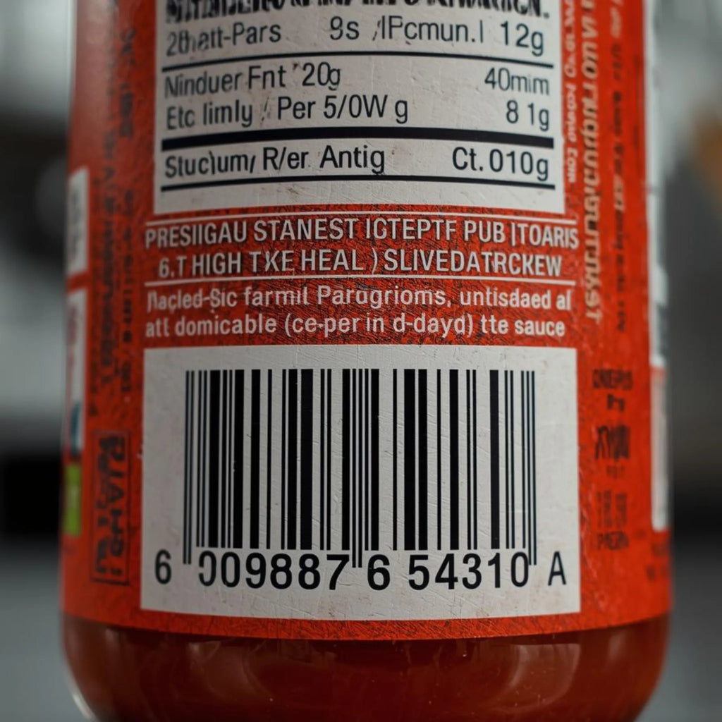 Close-up of a red bottle label with text and a barcode. Compliance-Ready Food Labels: Nutrition & Ingredients