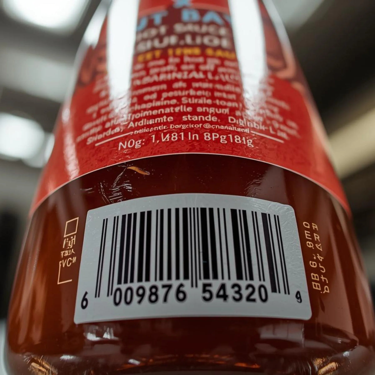 Close-up of a red bottle label with a barcode and text.