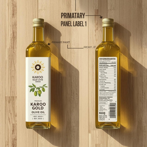 Two bottles of Karoo Gold olive oil on a wooden surface with labels facing different directions.