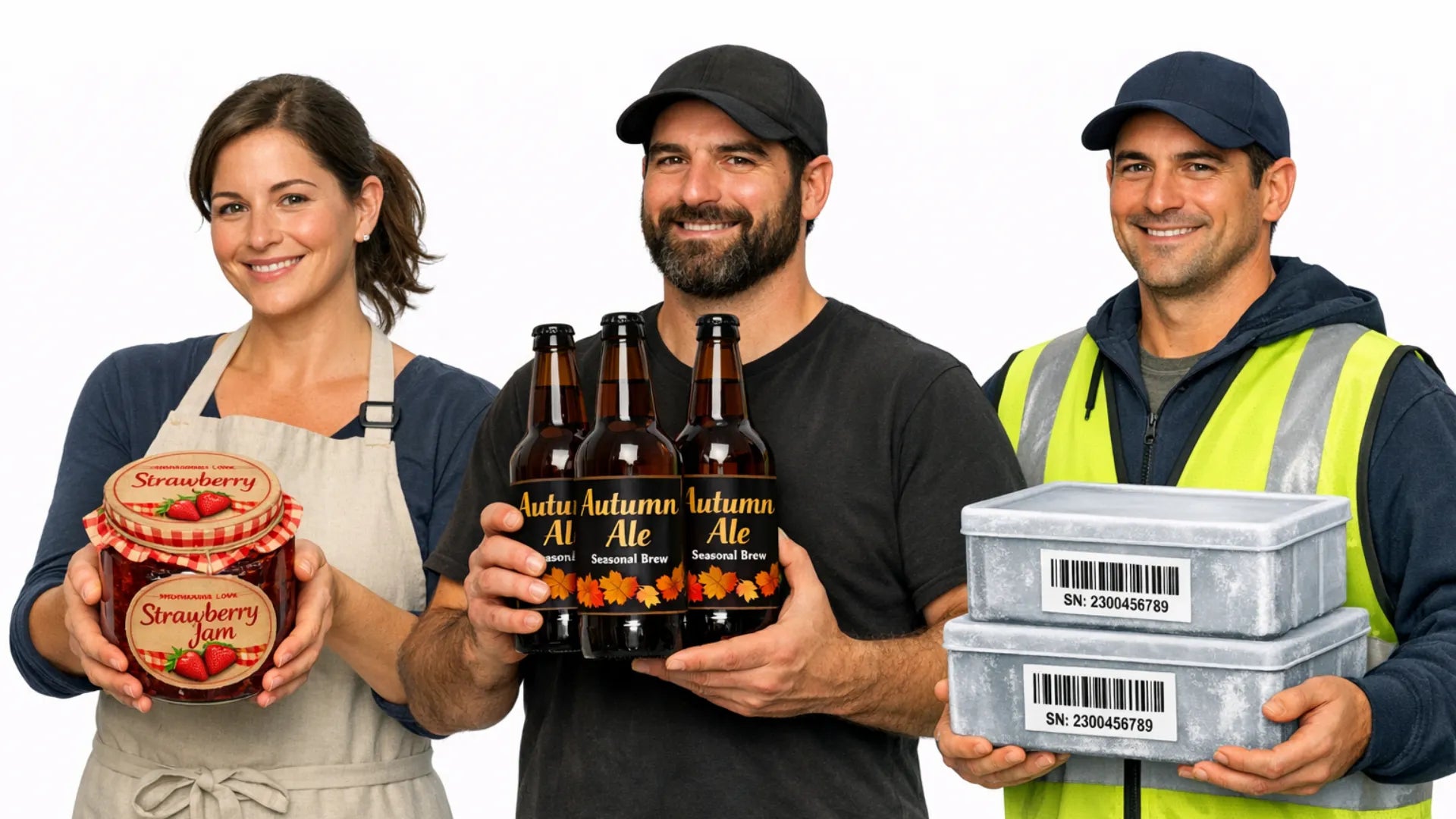 Three people holding a strawberry cake, beer bottles, and boxes with barcodes.
