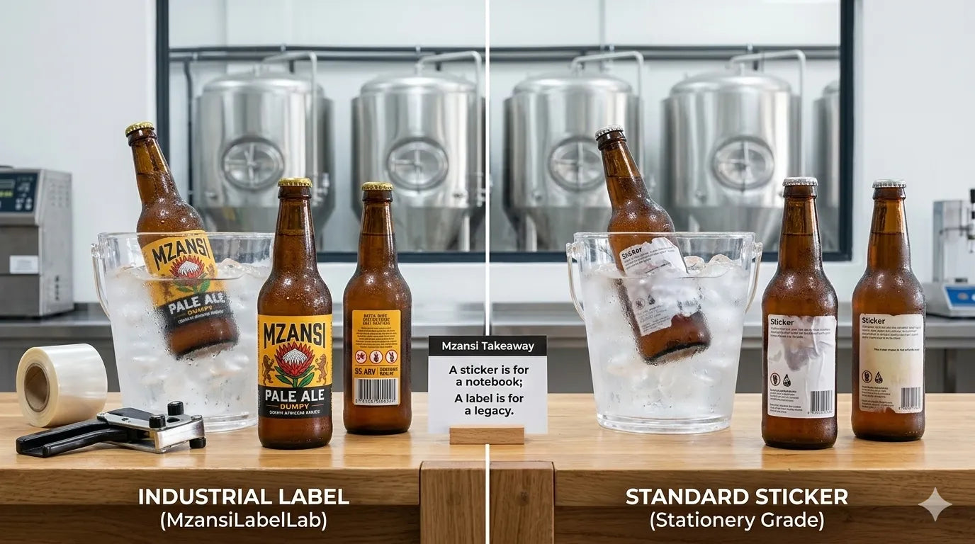 Two sets of beer bottles with labels on a wooden surface, one labeled 'Industrial Label' and the other 'Standard Sticker'.