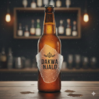 Brown beer bottle with 'Dakwa Njalo' label on a bar counter. Expert Printing Labels Cape Town | Get Pro Designs Now
