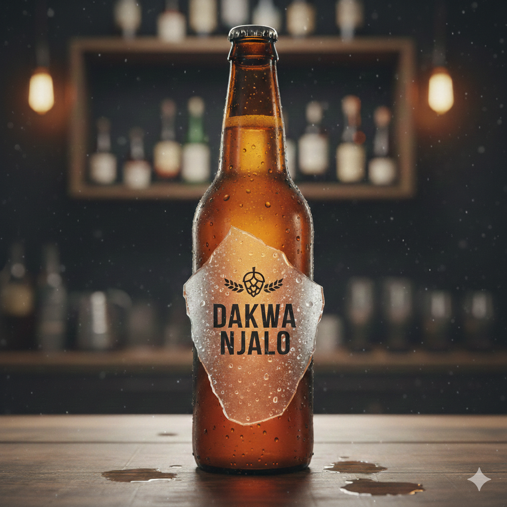 Brown beer bottle with 'Dakwa Njalo' label on a bar counter. Expert Printing Labels Cape Town | Get Pro Designs Now