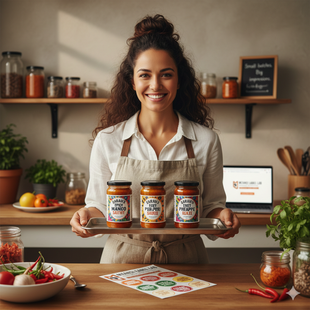 Woman holding a tray of jars in a kitchen setting