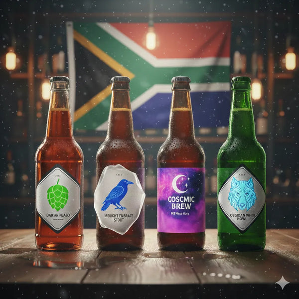 Four beer bottles with labels in front of a South African flag.
