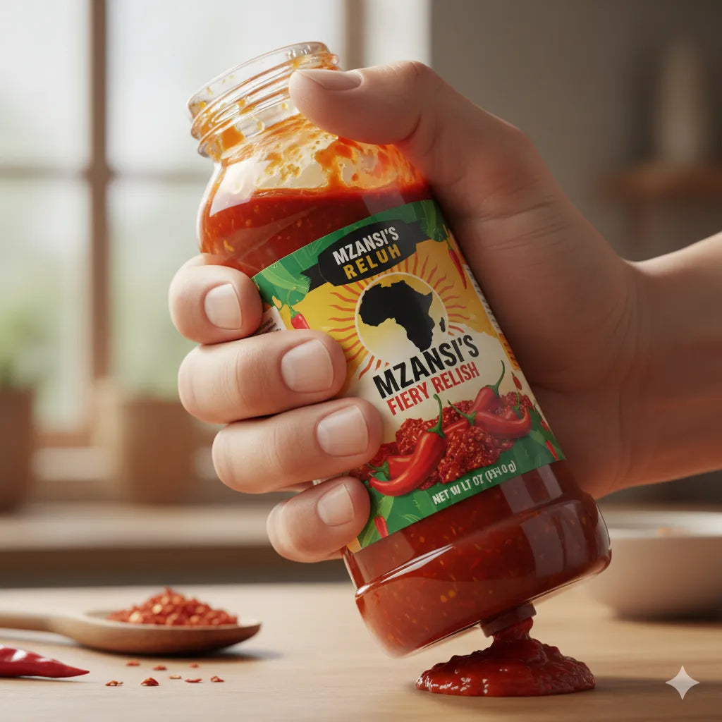 Hand holding a jar of Mzansi's fiery relish with a blurred kitchen background. Product Labels for Small Business | Pro Custom Branding