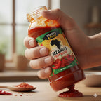 Hand holding a jar of Mzansi's fiery relish with a blurred kitchen background. Product Labels for Small Business | Pro Custom Branding