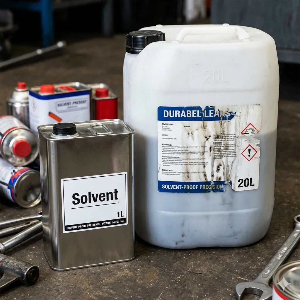 Two large containers of solvent on a workshop floor with tools around. Industrial Solvent & Chemical-Resistant Label Experts