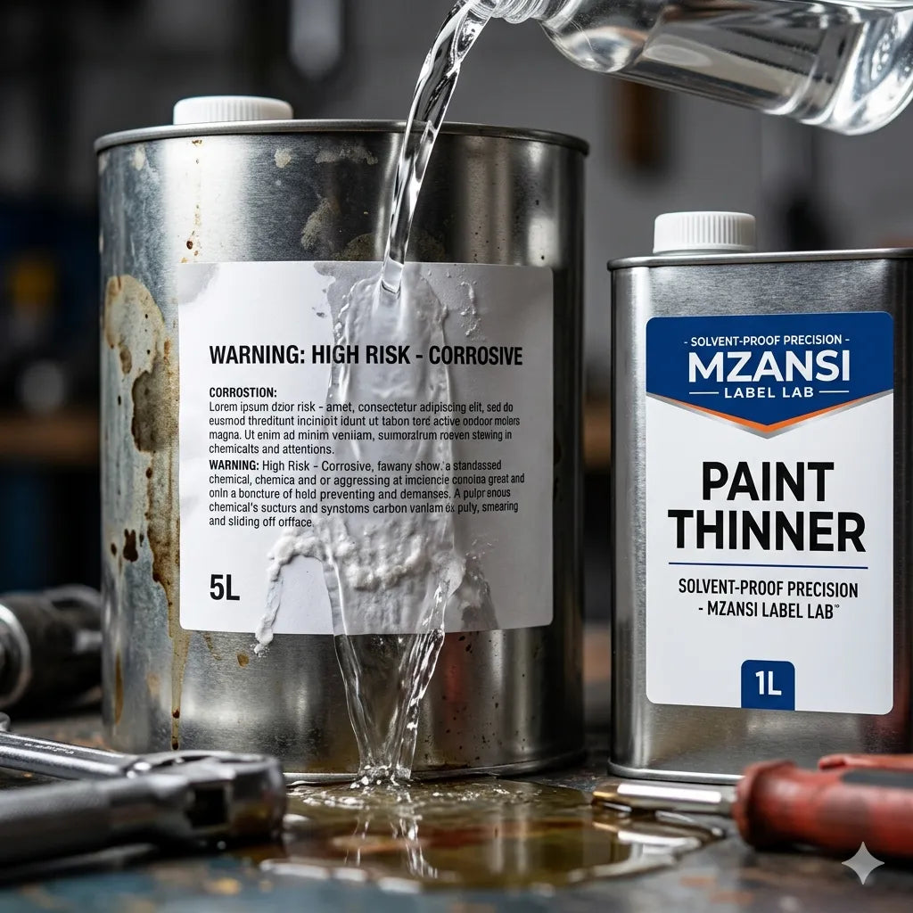 Mzansi Paint Thinner being poured into a larger container with tools and labels visible. Industrial Solvent & Chemical-Resistant Label Experts