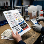 Person holding Mzansi Label Lab product packaging with paint thinner and primer labels on a workshop counter. Industrial Solvent & Chemical-Resistant Label Experts