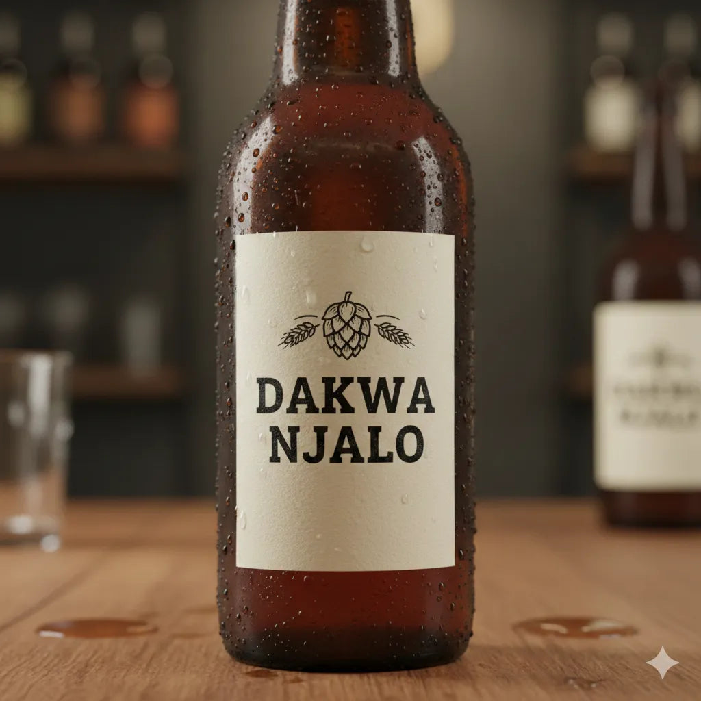 Beer bottle with 'Dakwa Njalo' label on a wooden surface, blurred background of bottles and glasses.