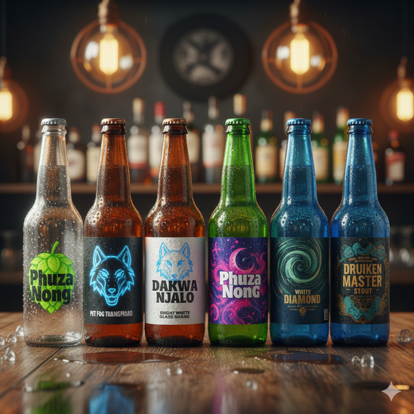 Collection of colorful beer bottles with labels on a wooden surface, bar setting in the background