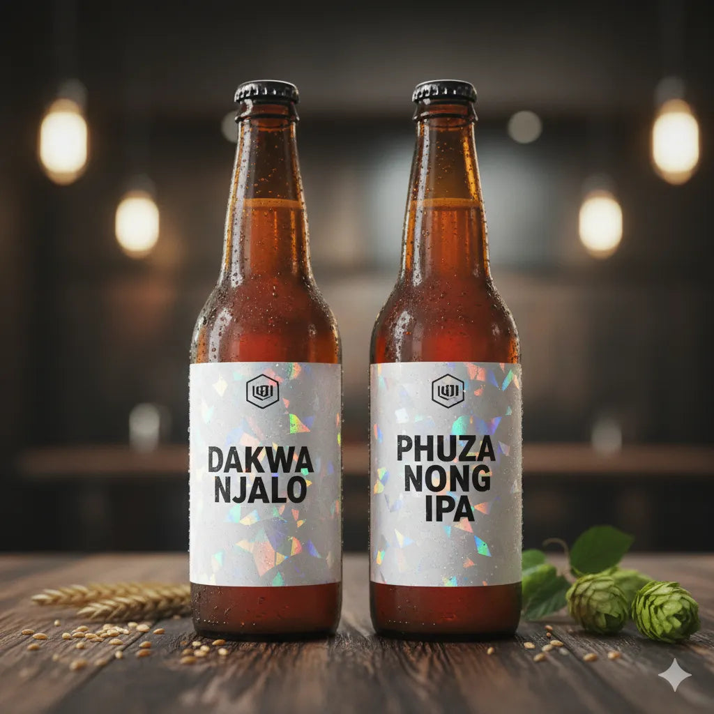 Two bottles of beer with labels 'Dakwa Njalo' and 'Phuza Nong IPA' on a wooden surface with a blurred background.