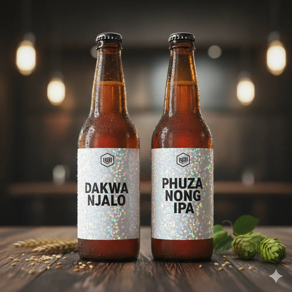 Two beer bottles with labels on a wooden surface with a blurred background