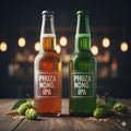Two bottles of PHUZA NONG IPA on a wooden surface with a blurred background of lights. Labels and Print Solutions for Pro Small Batch Labels