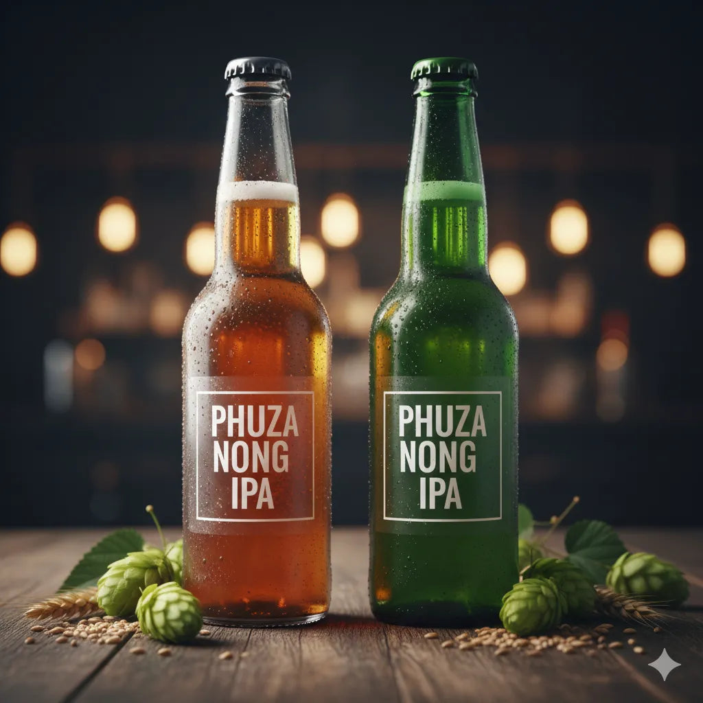 Two bottles of PHUZA NONG IPA on a wooden surface with a blurred background of lights. Labels and Print Solutions for Pro Small Batch Labels