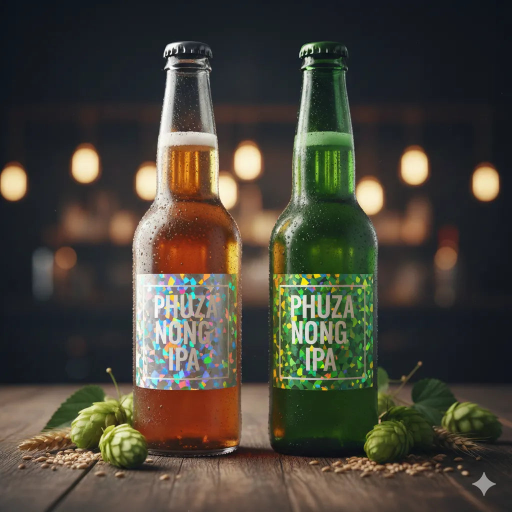 Two bottles of Phuza Nong IPA on a wooden surface with a blurred background