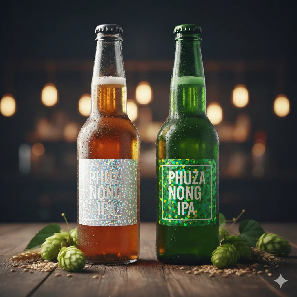 Two bottles of Phuza Nong IPA on a wooden surface with a blurred background of lights.