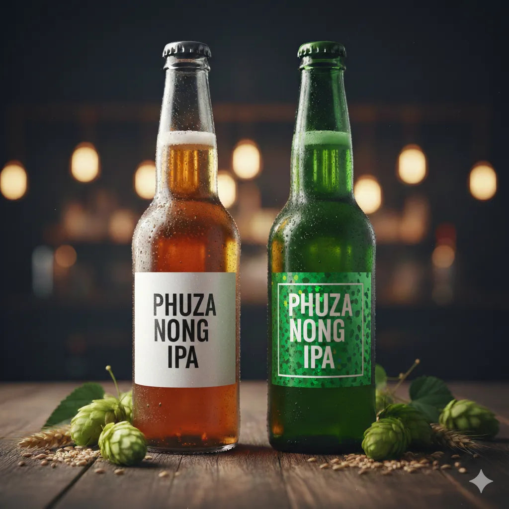 Two bottles of Phuza Nong IPA on a wooden surface with a blurred background