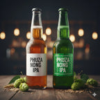 Two bottles of Phuza Nong IPA on a wooden surface with a blurred background