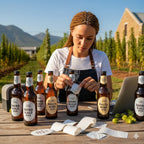 Person in apron with beer bottles on a wooden table outdoors