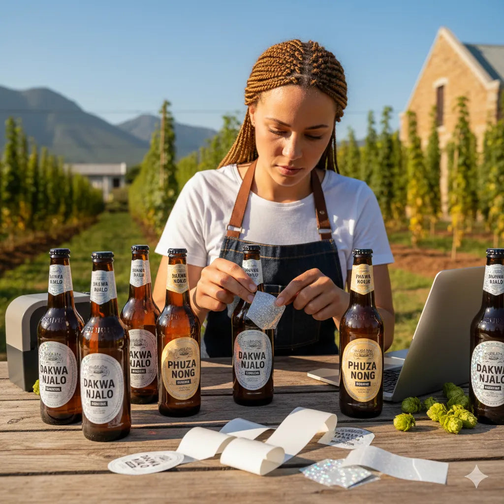 Person in apron with beer bottles on a wooden table outdoors
