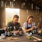 Two people working at a wooden table with beer bottles and a laptop in a rustic setting.