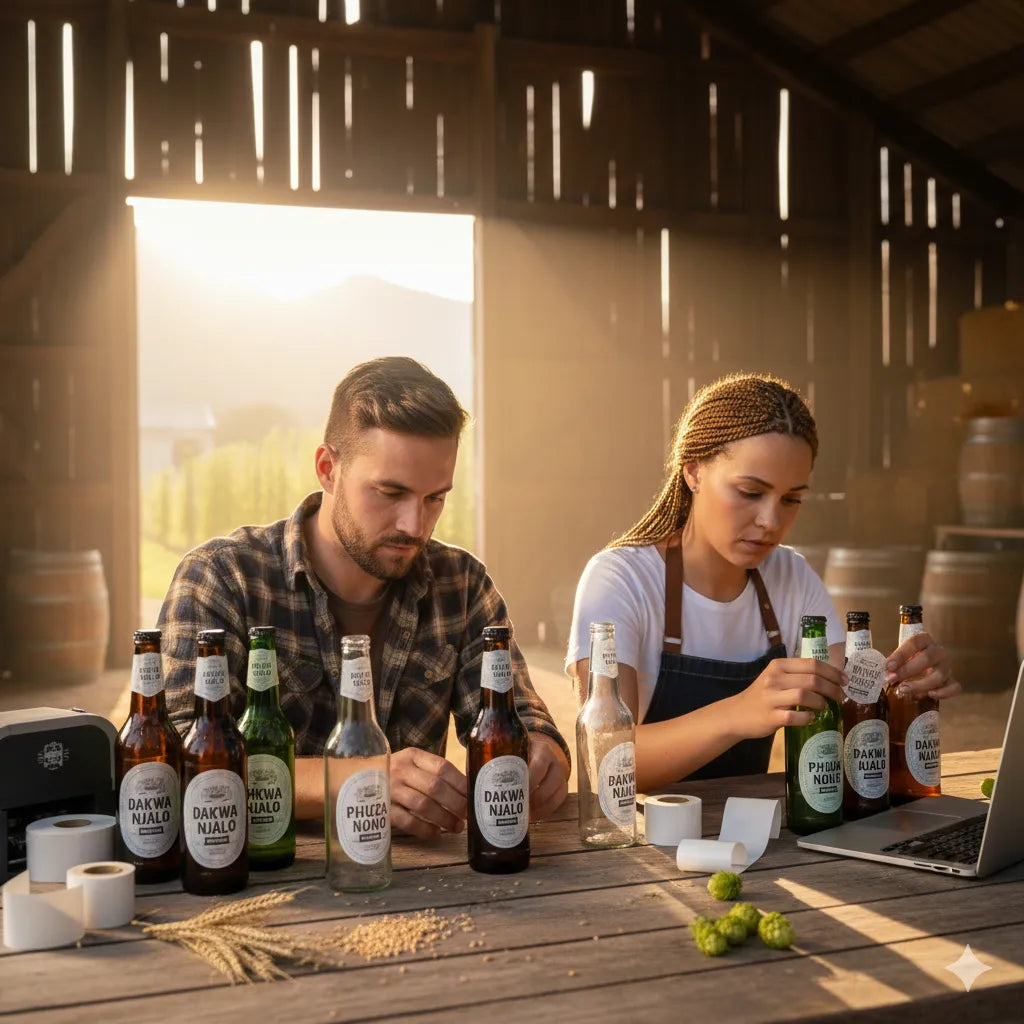Two people working at a wooden table with beer bottles and a laptop in a rustic setting.