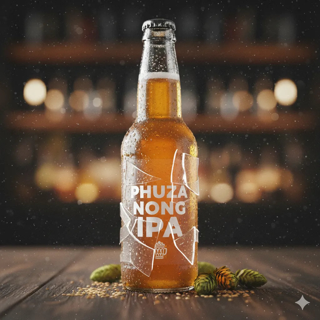 Bottle of Phuza Nong IPA on a wooden surface with a blurred bar background