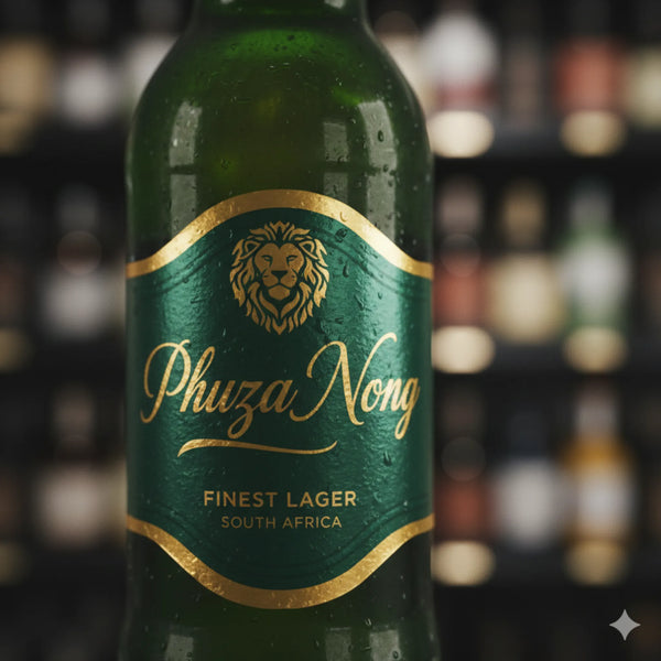 Green beer bottle with 'Phuza Nong' label against a blurred background of bottles