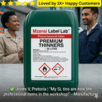 Mzansi Label Lab Premium Thinners container with two people in the background and a five-star rating above. Product Labels for Small Business | Pro Custom Branding