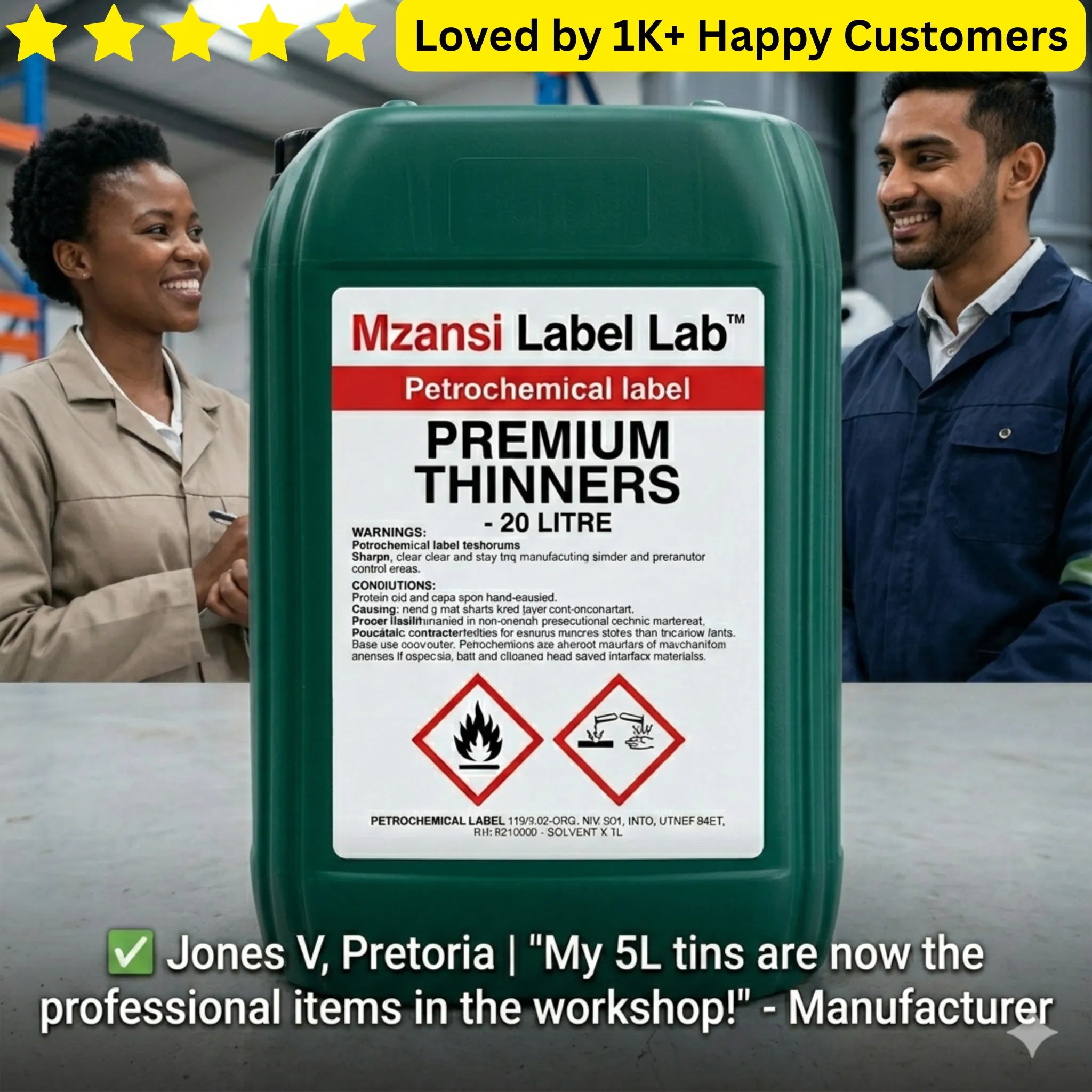 Mzansi Label Lab Premium Thinners container with two people in the background and a five-star rating above. Product Labels for Small Business | Pro Custom Branding