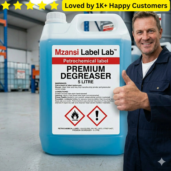 Person holding a large container of Mzansi Label Lab Premium Degreaser in a warehouse setting.